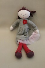 Peluche Doudou poupée fille Jacadi robe grise fleur rouge cheveux violets 29 cm
