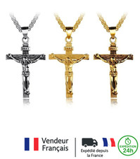 Collier avec Pendentif Croix Chrétienne Homme Femme Acier Jesus 3 Couleurs bijou
