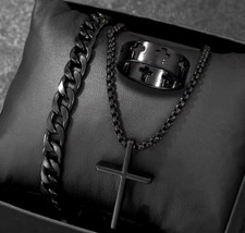 Ensemble Bijoux Homme, Chaine Pendentif Croix Bracelet Bague en Acier inoxydable