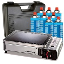 Plancha gaz portable 2300W Kemper plaque anti adhésive +8 cartouches gaz camping