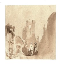Paysage de ruines animé de personnages -  Dessin original ancien au lavis
