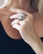 Big OWL COCKTAIL RING 14k White Gold Plated Crystal Rhinestone Statement Jewelry