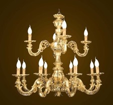 Lustre Classique en Bois Feuille Or A 12 Lumières 2 Étages Coll. Bga 1644