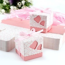 100 pcs Boîte à dragées avec couvercle coeurs ruban rose mariage Baptême