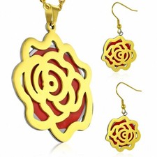 Pendentif en forme de fleur rose émaillé rouge en acier inoxydable doré avec pai