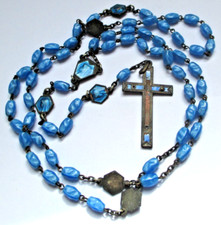 Ancien Chapelet pendentif perles médaille émaux bleu croix crucifix bijou 2954