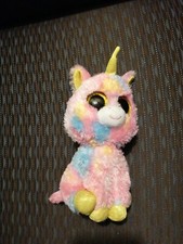Doudou Peluche Ty Licorne Rose Jaune Bleu Yeux Noirs Et Oranges