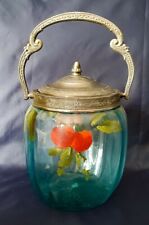 1900 - Pot / Seau à Biscuit en Verre bullé bleu peint à décor Floral 