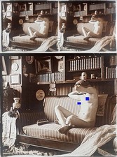 PHOTO STEREO  sur verre NU FEMININ 1900 - 1920  risque sexy nude lesbian / 781