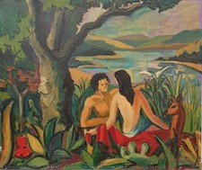HUILE SUR PANNEAU D'ISOREL  SIGNEE LALLEMAND " COUPLE SUR UNE ÎLE "