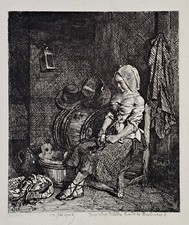 Estampe de JACQUE Charles, l'éplucheuse de légumes, eau forte originale XIXe