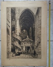 RARE EAU FORTE SIGNEE CHARLES PINET EGLISE ST ETIENNE DU MONT A PARIS  65X45 cm