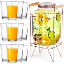 Distributeur Boissons Verre 4,2L avec Robinet Support + 12 Verres 200ml Set