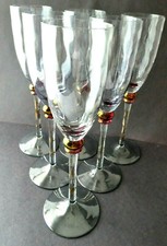 Elegant Modern Set of 6 Champagne Flutes/ Gold Fleck Stem /Blue Optic Swirl Cup