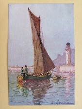 cpa Illustration Aquarelle signée L. GERMAN CANNES Bateau Voiliers Phare