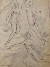 Très Beau Dessin Ancien Nu Crayon Papier Femme Nue Dans Les Nuages Erotique 1950