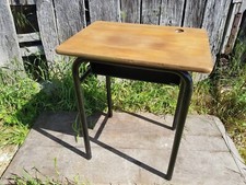 Ancien Pupitre Simple Bureau Enfant Caisson Metal + Plateau Bois Vintage #2