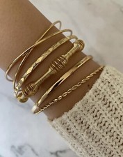 5x Bracelet Doré Or Femme Lot Bijoux Manchette Multi Rang Jaune Jonc Rond Ouvert
