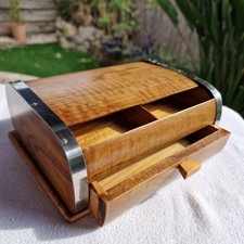 Boîte Coffret Ancien Bois De Noyer Massif À Rideau Avec Tiroir, Cigares Vintage.