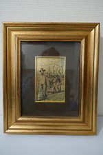 TABLEAU MINIATURE LITHOGRAPHIE A PLAT SUR FEUILLE D'OR-HOMME ET SON ÂNE