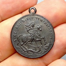 Saint George slays the dragon. Horse. Antique Religious Pendant. Large Medal.