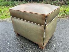 Pouf en Cuir Ancien Art Deco Design Club Vintage Moderniste Tabouret