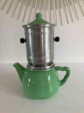 19 ⚜️ Ancienne Cafetière Avec Filtre en Aluminium Céramique Verte Vintage