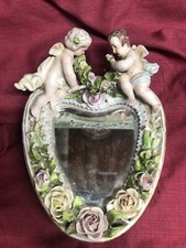 ANCIEN MIROIR EN PORCELAINE FINE ALLEMANDE SITZENDORF THURINGE ROSACES ANGELOTS