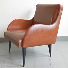 FAUTEUIL VINTAGE 1960 FRANCAIS EN SIMILI-CUIR HAVANE & BOIS LAQUE NOIR 60S 1960S