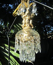 SWAG plugin Vintage Glass crystal Cherub hanging Lamp Chandelier brass plt 1of2