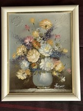 Tableau peinture toile Bouquet de fleurs signé Frédérick tons pastels cadre