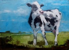 Tableau : Peinture à l'huile sur carton toilé "vache"  Cousin  29 Cm X 21 Cm