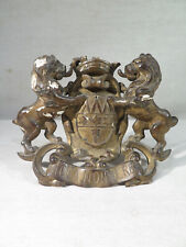 ANCIEN BLASON ARMOIRIE BOIS SCULPTE ET DORE LIONS ACTA NON VERBA COURONNE