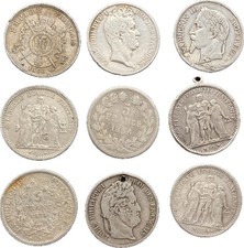 #F0907 France : Lot de 9 écus de 5 Francs Argent - Napoléon III Louis-Philippe