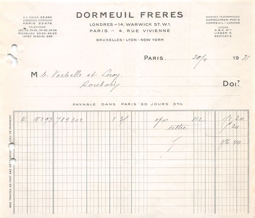 Facture 1931 dormeuil - facture,