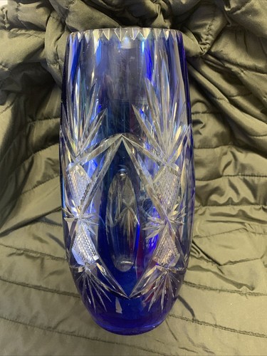 Vase cristal taillé bleu - vase,