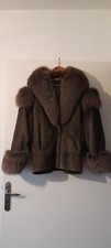 Veste 3/4 nubuck et renard argenté col, épaules, poignets Marron kaki Taille 38