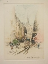 Tony Cardella - Rue du Haut Pavé à Paris - eau forte en couleur, gravure