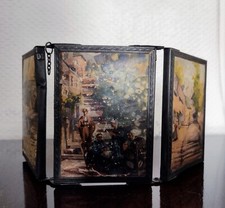 Antique 19th C French 3 Fold Painted Triptych Barber Travel Mirror Metal Frame