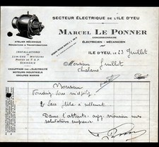 L'ILE D'YEU (85) ATELIER d'ELECTRICITE "Marcel LE PONNER" Lettre vers 1930