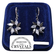 Girandoles Boucles D'oreilles Femme Pl. Or Blanc 18K Avec Cristaux Zircon Noir