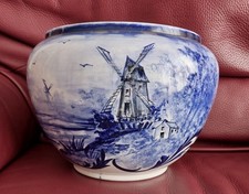 Enorme cache pot barbotine Onnaing N° 493 Moulin bleu cobalt