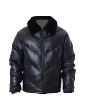 Manteau d'hiver col fausse fourrure pour homme en cuir d'agneau noir Bubble...