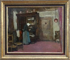 LOUIS AZEMA 1876-1963 - GRAND & ÉMOUVANT IMPRESSIONNISTE - SCÈNE D’INTÉRIEUR