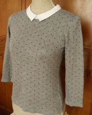 Pull 123 1.2.3 pour 36/38 gris points bleu marine col tissu blanc