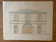 Ancien dessin d'architecture original / encre de chine  /  lavis de couleurs