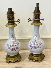 Paire de lampes à pétrole huile en faïence émaillée et bronze XIXé ref 920
