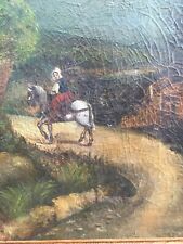 Très Belle Peinture Huile Sur Toile XVIIIe Jeune Fille à Cheval Chemin Forêt
