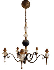 Jules Leleu. Lustre cristal de Sèvres. 5 branches fer laqué noir , laiton C:1950