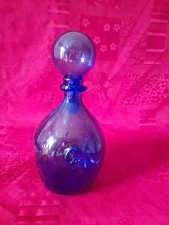 carafe dame jeanne en verre soufflé bullé verrerie d'art  biot vintage  bleue